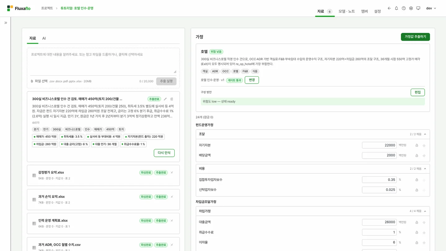 프로젝트 자료 탭 — 왼쪽은 텍스트 자료와 엑셀 파일의 추출 결과, 오른쪽은 호텔 유형으로 판정되어 게이트를 통과한 가정 패널